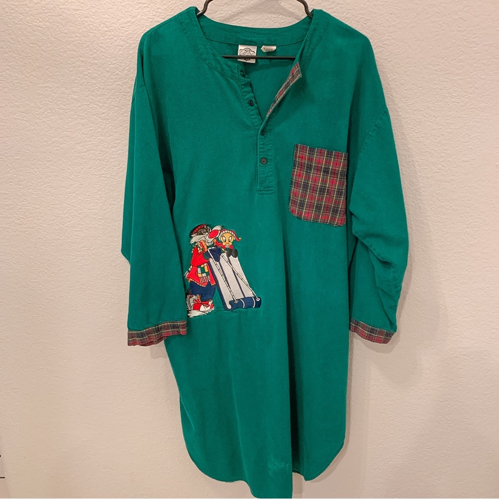 Vtg 1993 Looney Tunes Green Flannel Plaid Sleep Pajama Night Shirt Oversized M